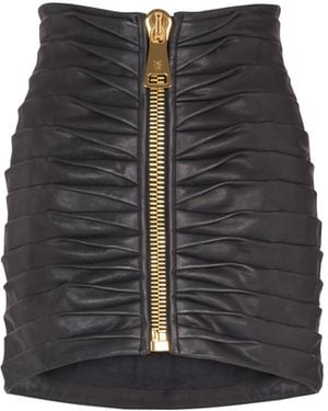 Balmain Short Pleated Lambskin Skirt - Black