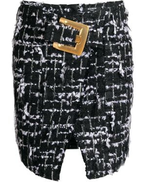 Balmain Belted Fringed Tweed Skirt - Black