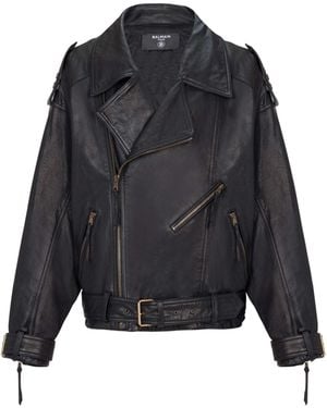 Balmain Lambskin Leather Biker Jacket - Black