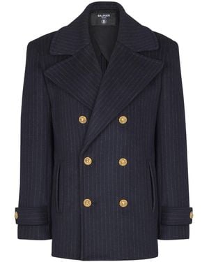 Balmain Short Striped Wool Pea Coat - Blue