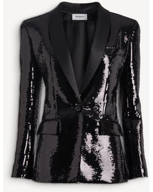 Balmain 1-Button Satin Jacket With Sequins - Black