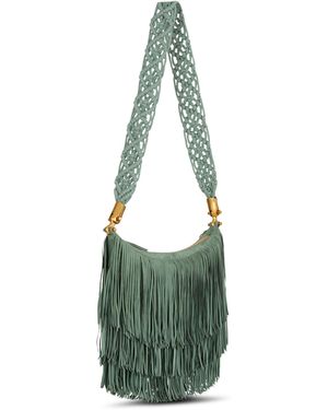 Balmain Ébène Hobo Fringed Suede Bag - Green
