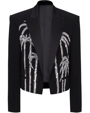 Balmain Cropped Crepe Jacket With Palm Tree Embroidery - Black