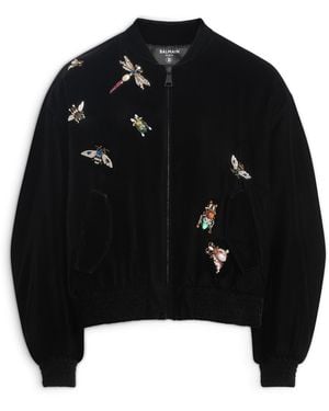 Balmain Embroidered Velvet Insect Bomber Jacket - Black