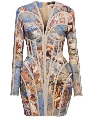 Balmain Sky Printed Linen Cage Dress - Multicolour
