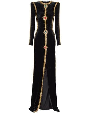 Balmain Long Embellished Velvet Dress - Black