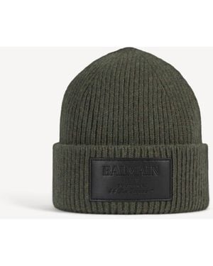 Balmain Wool Beanie With Leather Vintage Label - Green