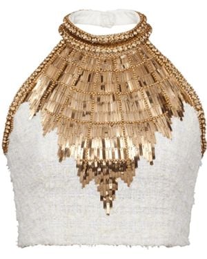 Balmain Embroidered Tweed Crop Top - White