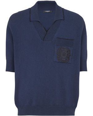 Balmain Écusson Embroidered Knit Polo Shirt - Blue