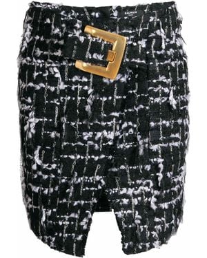 Balmain Belted Fringed Tweed Skirt - Black