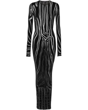 Balmain Long Zebra-Print Velvet Dress - Black