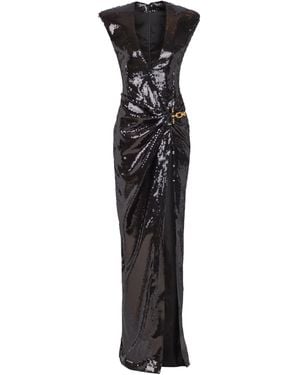 Balmain Long Draped Sequin Dress With Embellished Detail - Black