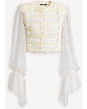 Balmain Cropped Tweed And Muslin Jacket With Frogging - White