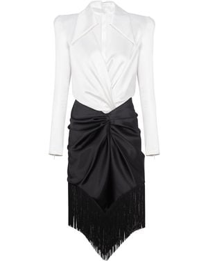Balmain Draped And Fringed Satin Tailored Dress - White