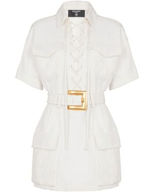 Balmain Short Lace-Up Canvas Dress - White