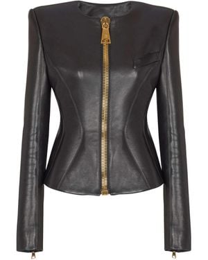 Balmain Cropped Peplum Lambskin Jacket - Black