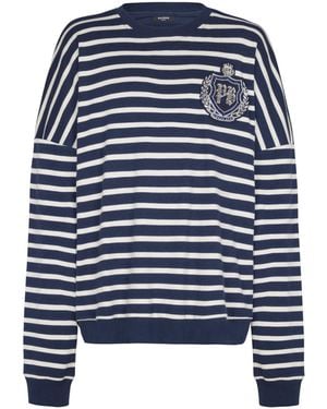 Balmain Cotton College Emblem Sweatshirt With Breton Stripes - Blue