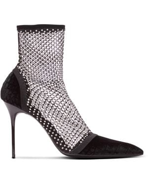 Balmain Mesh Heeled Ankle Boots With Velvet And Rhinestones - White