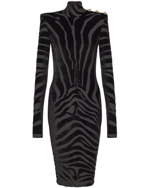 Balmain Short Zebra-Print Velvet Dress - Black