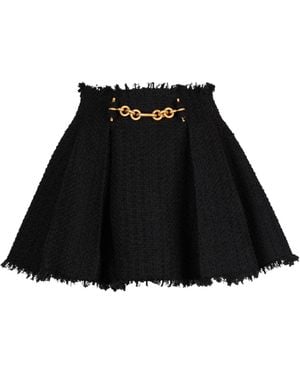 Balmain Pleated Flared Tweed Skirt - Black