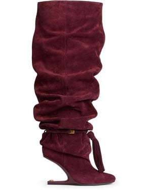 Balmain No Wedge Suede Leather Thigh-High Boots With Tassel - Red