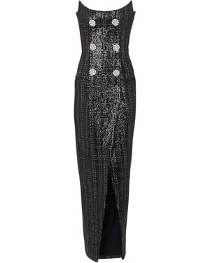 Balmain Strapless Long Tweed Dress With Glitter - Black