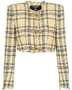 Balmain Checked Tweed Cropped Jacket - Yellow