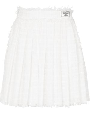 Balmain Fringed Tweed Skater Skirt - White