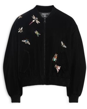 Balmain Embroidered Velvet Insect Bomber Jacket - Black