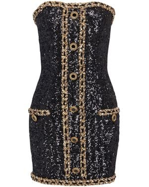 Balmain Bustier Dress With Sequin Embroidery - Black