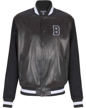 Balmain Varsity Lambskin Leather And Wool Jacket - Black