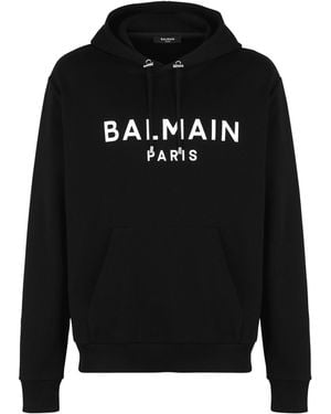 Balmain Hooded Cotton Sweatshirt With Paris Logo Print - Black