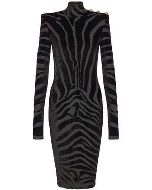 Balmain Short Zebra-Print Velvet Dress - Black