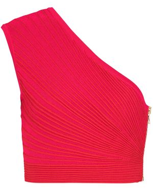 Balmain One-Shoulder Flechage Knit Cropped Top - Red