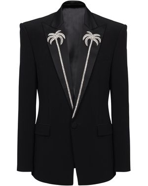 Balmain 1-Button Jacket With Embroidered Palm Tree Collar - Black