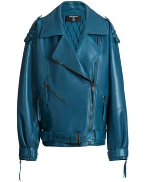 Balmain Lambskin Leather Biker Jacket - Blue