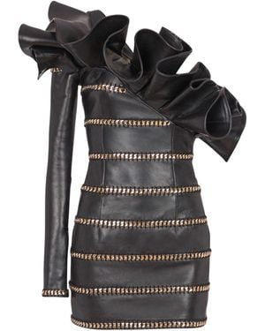 Balmain Asymmetric Leather Bodycon Dress With Chains - Black