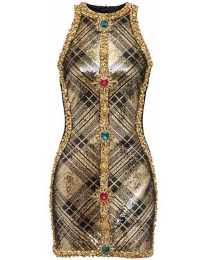 Balmain Short Sleeveless Dress With Plaid Embroidery - Natural