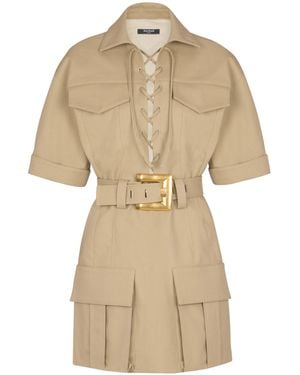 Balmain Short Cotton Gabardine Lace-Up Dress - Natural