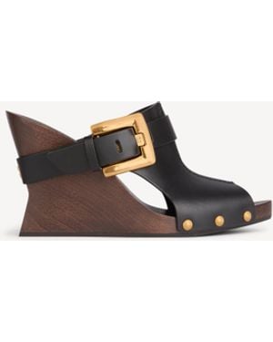 Balmain Anthem Wedge Smooth Leather Mules - Brown