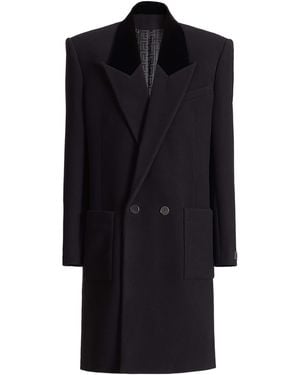 Balmain Long Wool And Velvet Coat - Black