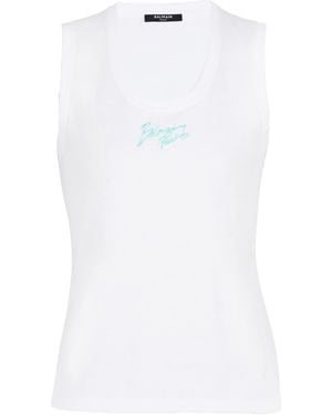 Balmain Relaxed Tank Top With Paris Brush Print - White