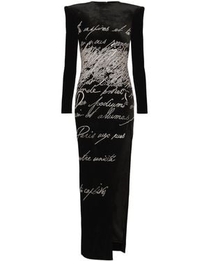 Balmain Long-Sleeve Love Letter Embroidered Slit Maxi Dress - Black