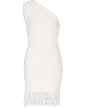 Balmain Dotted Tweed One-Shoulder Dress - White