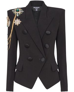 Balmain Crepe 6-Buttons Jacket With Embroidered Patches - Black