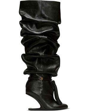 Balmain No Wedge Textured Leather Thigh-High Boots With Tassel - Black