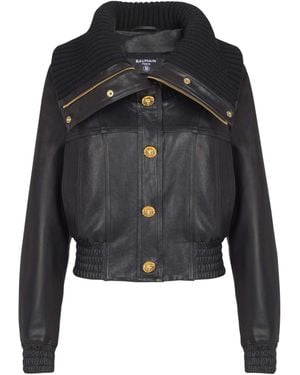 Balmain Lambskin And Knit Bomber Jacket - Black