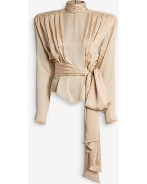 Balmain Silk Chiffon Blouse With Padded Shoulders And Tie - Natural