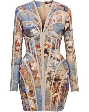 Balmain Sky Printed Linen Cage Dress - Multicolor
