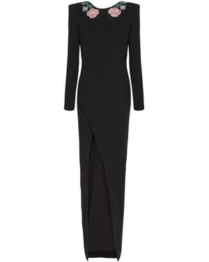 Balmain Long Backless Dress With Roses Embroidery - Black